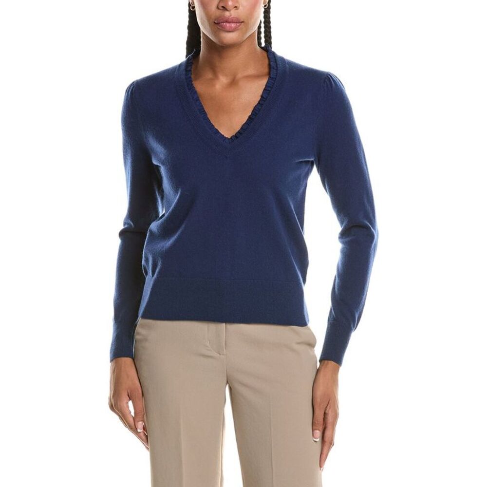 N.Peal Womens  Ruffle Trim V-Neck 100% Cashmere Sweater, Blue